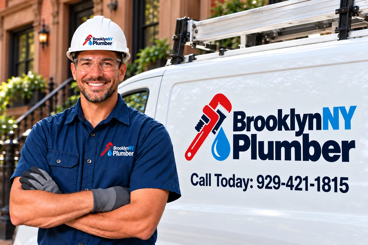 Brooklyn NY Plumber technician standing beside the branded white service van on a Brooklyn street