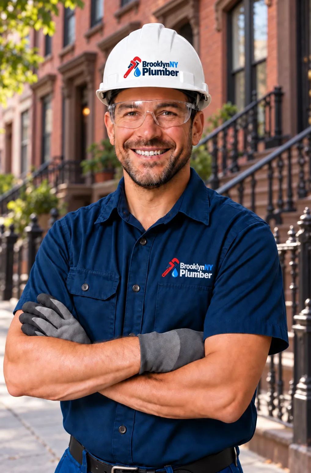 Smiling Brooklyn NY Plumber technician in a hard hat and navy work shirt outside a Brooklyn brownstone
