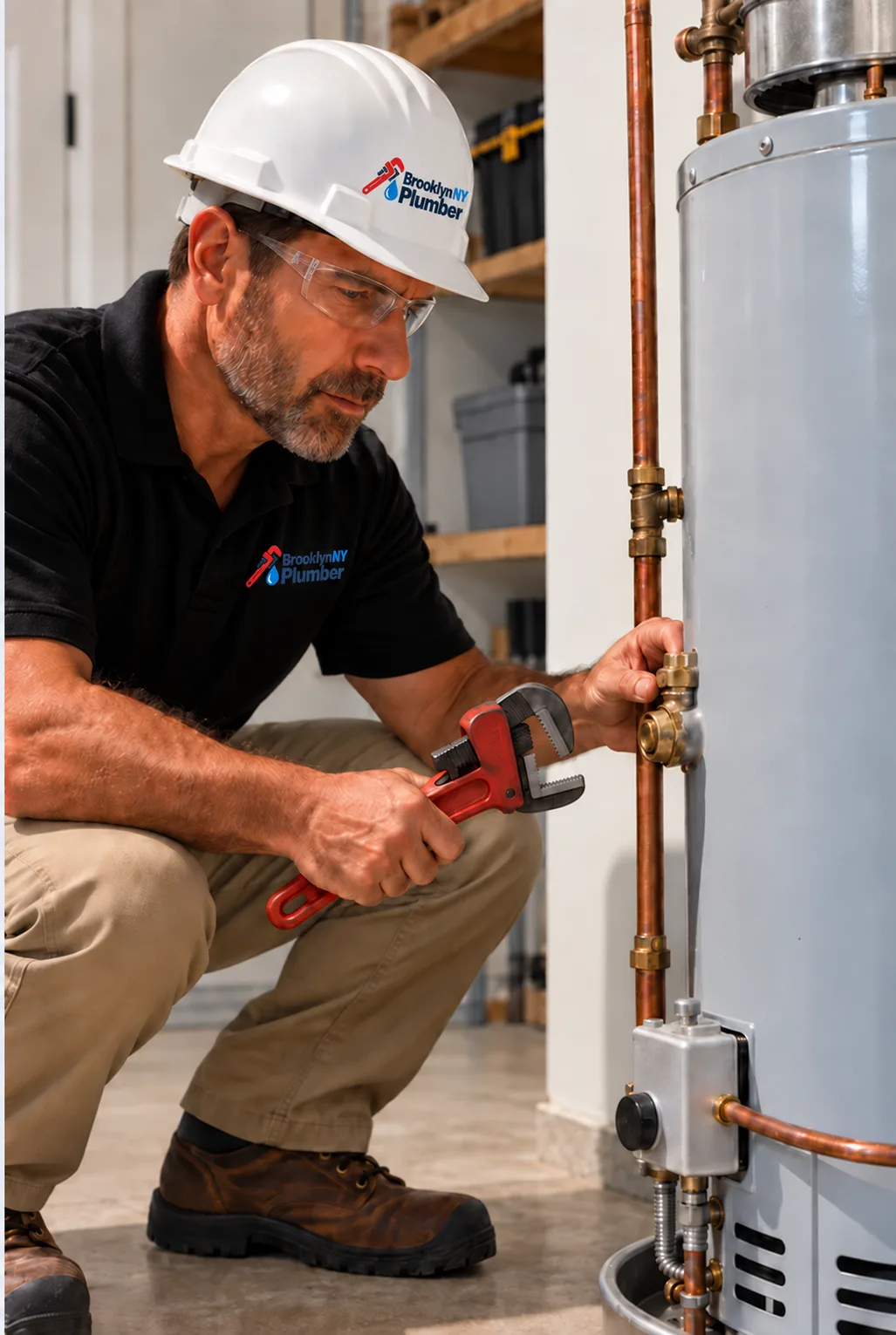 Brooklyn NY Plumber technician repairing a gas water heater with a pipe wrench